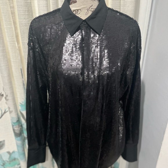 NWT/Future Collective Kahlana Barfield Long Sleeve Sequin Button-Down (Size L) - Picture 7 of 7